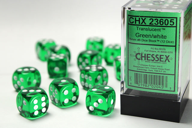 CHX 23605 Green/White Translucent 16mm d6 Dice Block (12 Dice)