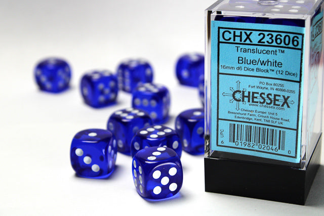 CHX 23606 Blue/White Translucent 16mm d6 Dice Block (12 Dice)