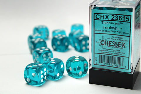 CHX 23615 Teal/White Translucent 16mm d6 Dice Block (12 Dice)