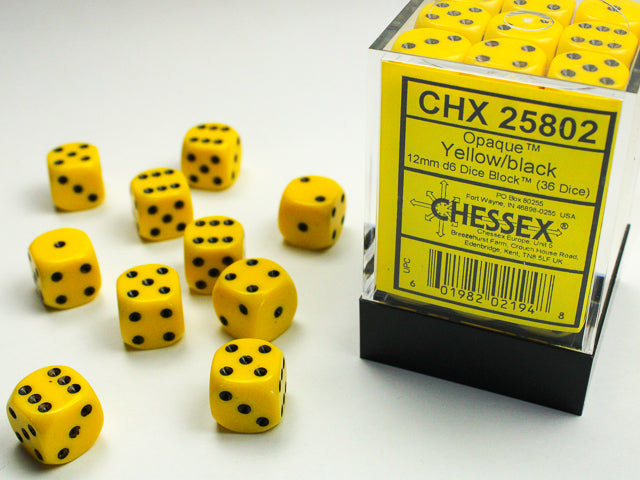 CHX 25802 Opaque Yellow/black 12mm d6 Dice Block (36 dice)