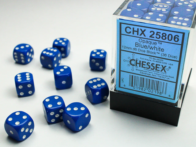 CHX 25806 Blue/White Opaque 12mm d6 Dice Block (36 Dice)