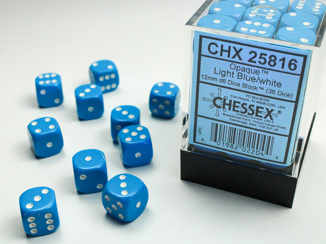 CHX 25816 Light Blue/White Opaque 12mm d6 Dice Block (36 Dice)