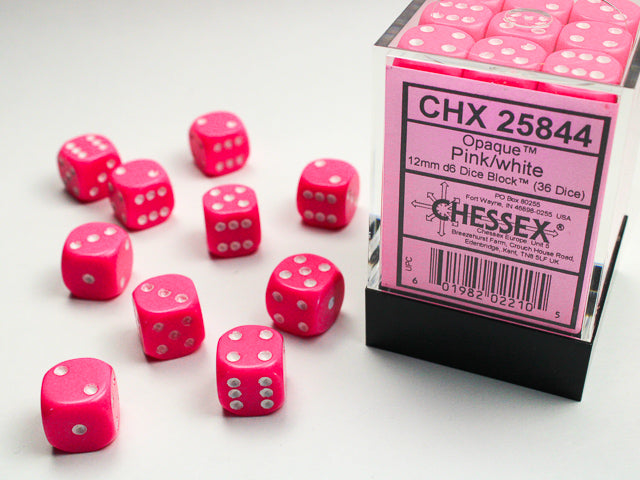 CHX 25844 Pink/White Opaque 12mm d6 Dice Block (36 Dice)