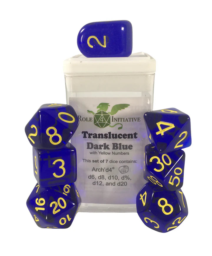 Translucent Dark Blue w/ Yellow Numbers - Set of 7 Dice