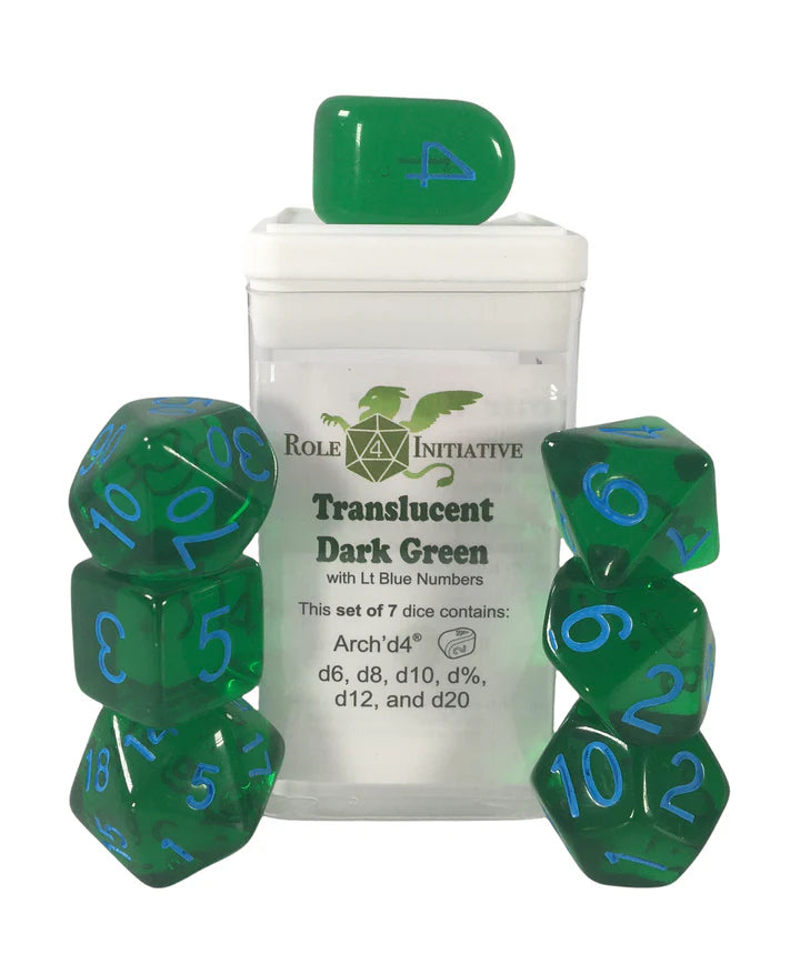 Translucent Dark Green w/ Lt Blue Numbers - Set of 7 Dice