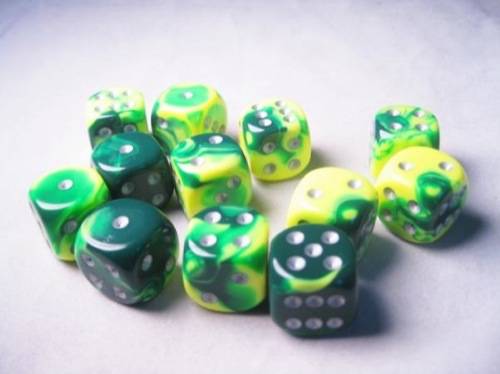 CHX 26654 Green-Yellow/Silver Gemini 16mm d6 Dice Block (12 Dice)