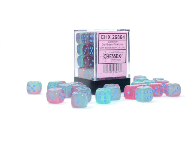 CHX 26864 Gel Green - Pink/Blue 12mm d6 Dice Block (36 Dice)
