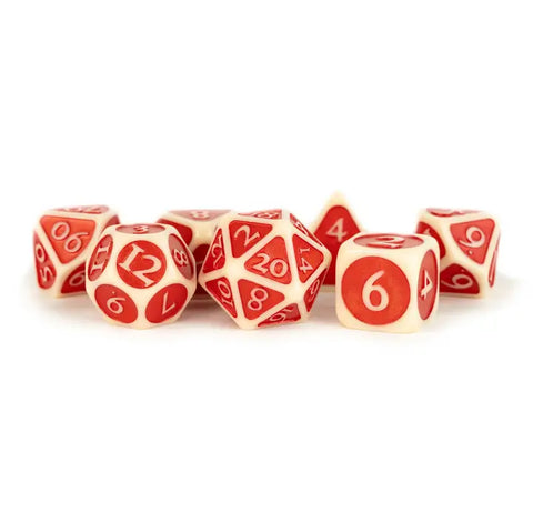 Unique Enamel Acrylic 16mm Poly Dice Sets: Ivory w/ Red Enamel