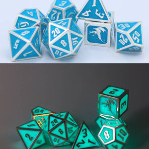 Solid Metal Draconis Dice Set - Glow in the Dark Blue