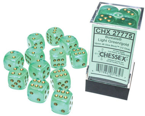 CHX 27775 Borealis Light Green/Gold 16mm d6 Dice Block (12 Dice)