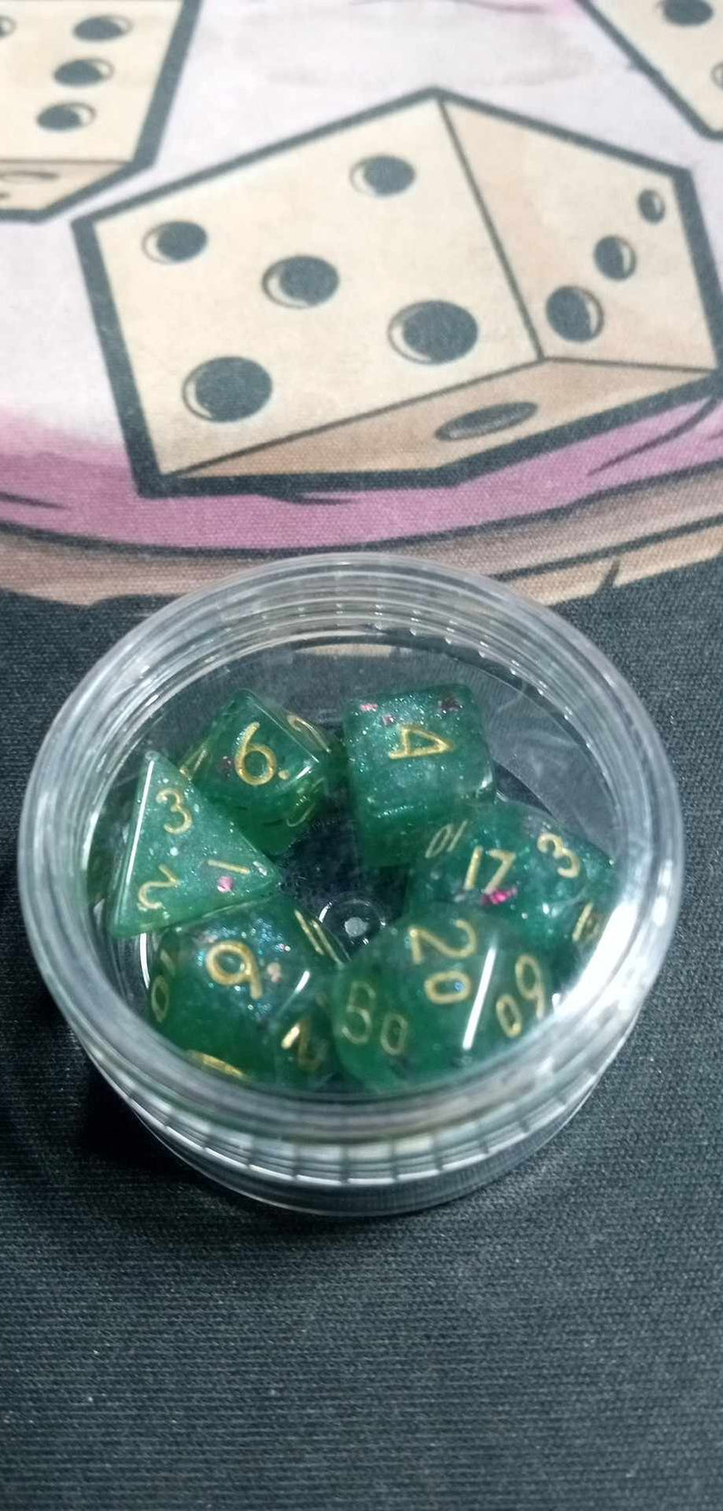 9MM Mini Dice - Green Glitter W/ Gold