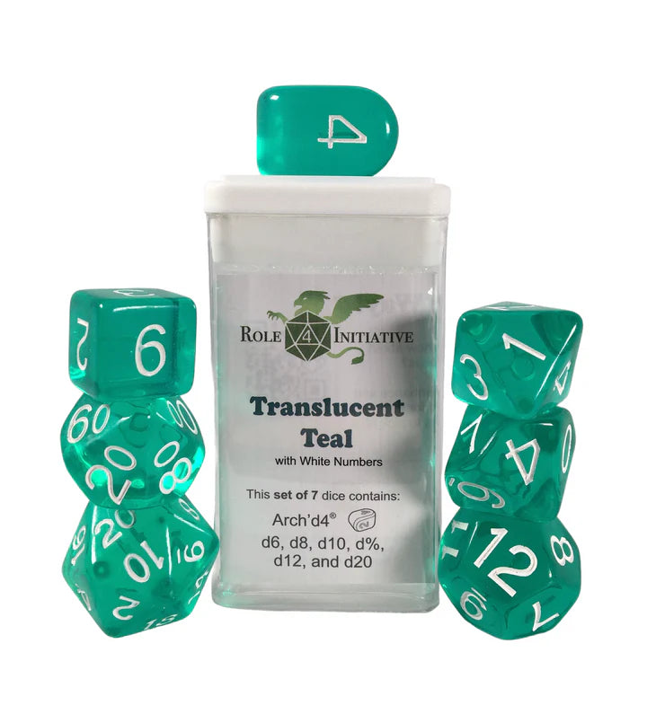 Translucent Teal w/ White Numbers - Set of 7 Dice