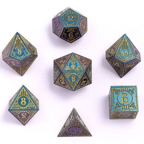 Solid Metal Bard Rpg Dice Set - Glitter Blue W/Gold