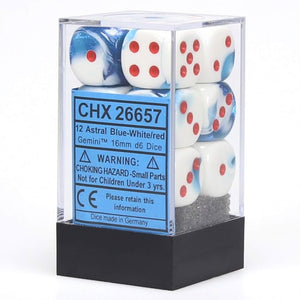 CHX 26657 Astral Blue - White/Red 16mm d6 Dice Block (12 Dice