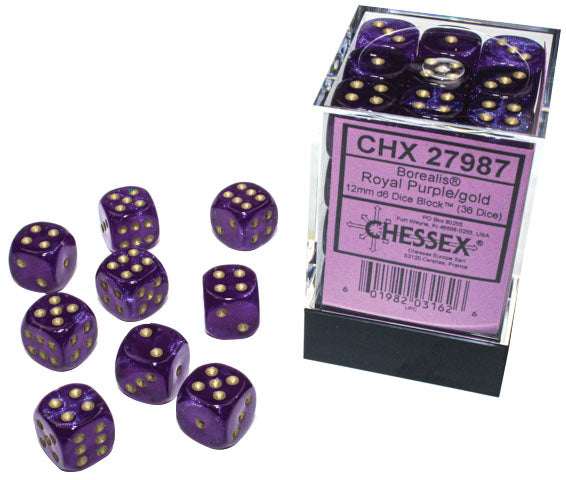 CHX 27987 Borealis Royal Purple/Gold 12mm d6 Dice Block (36 Dice)