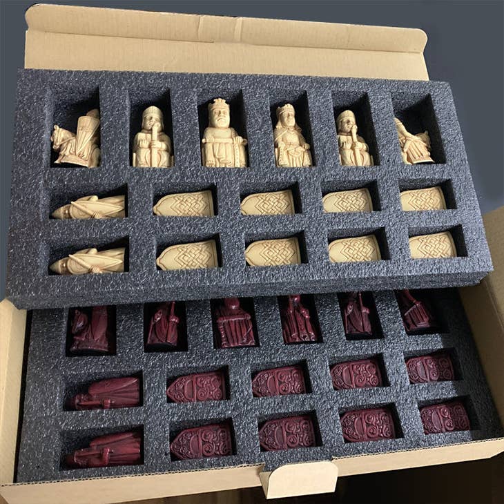 Isle of Lewis Chess Set with 15" Walnut and Maple Chess Board (Chest with Drawer)