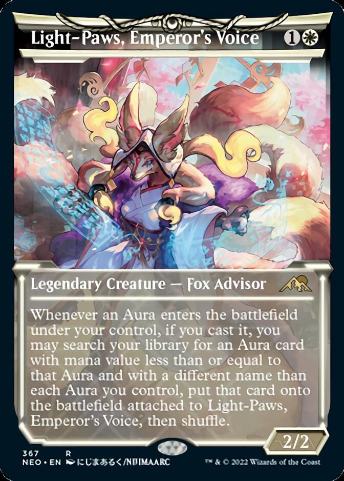 mtg neon dynasty card gallery Light-Paws, Emperor's Voice (Showcase Soft Glow) [Kamigawa: Neon Dynas