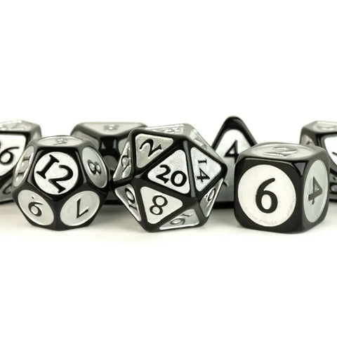 Unique Enamel Acrylic 16mm Poly Dice Sets: Black w/ Silver Enamel