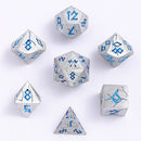 solid metal barbarian dice set matt silver and blue