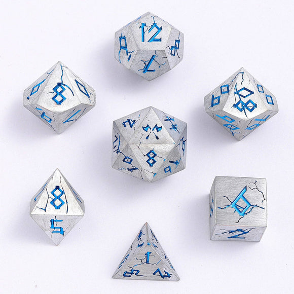 solid metal barbarian dice set matt silver and blue