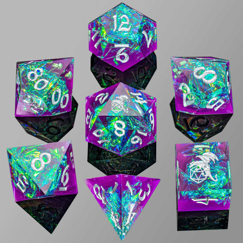 Captured Magic Hand Sanded Sharp Edge Resin Dice - Purple & Green