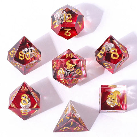 Metal Skull Inclusion Sharp Resin Dice Clear w/ Red Ribbon