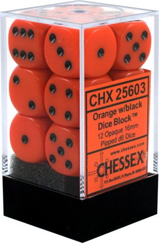 CHX 25603 Orange/Black Opaque 16mm d6 Dice Block (12 Dice)