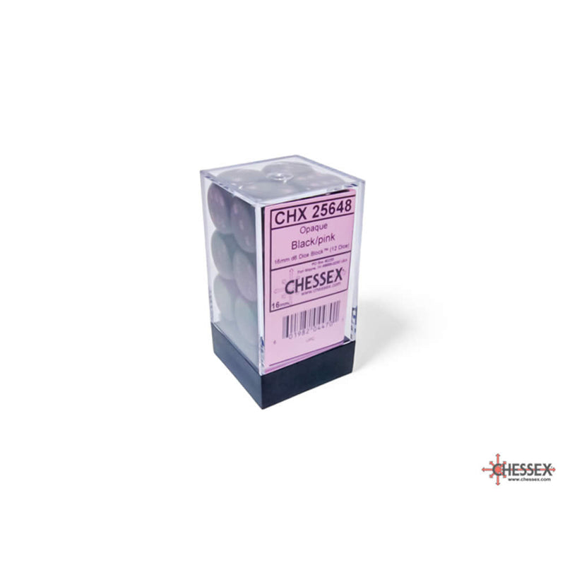 CHX 25648 Black/Pink Opaque 16mm d6 Dice Block (12 Dice)