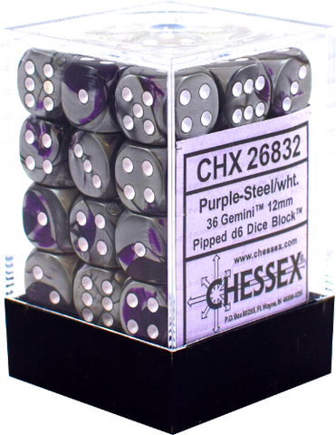 CHX 26832 Purple-Steel / White  Gemini 12mm d6 Dice Block (36 Dice)