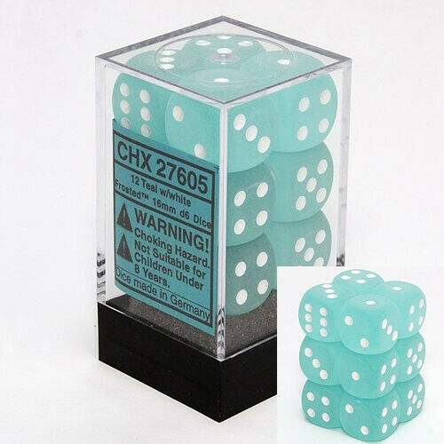 CHX 27605 Frosted Teal/White 16mm d6 Dice Block (12 Dice)