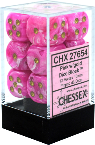 CHX 27654 Pink/Gold Vortex 16mm d6 Dice Block (12 Dice)