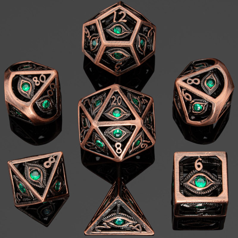 Hollow Metal Dice Set - Copper W/ Emerald Green Gems