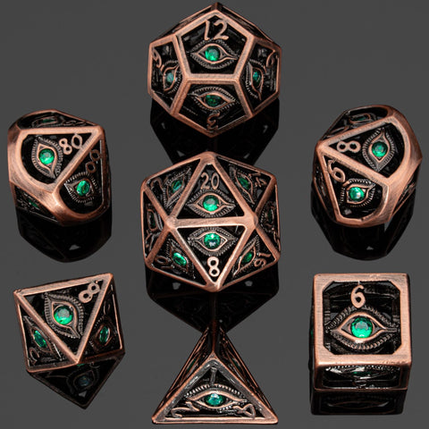 Hollow Metal Dice Set - Copper W/ Emerald Green Gems