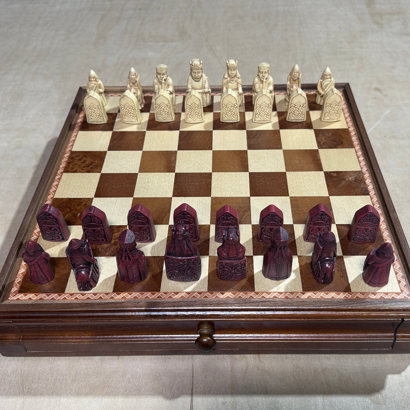 Isle of Lewis Chess Set with 15" Walnut and Maple Chess Board (Chest with Drawer)