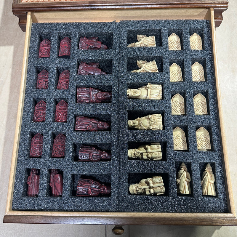 Isle of Lewis Chess Set with 15" Walnut and Maple Chess Board (Chest with Drawer)