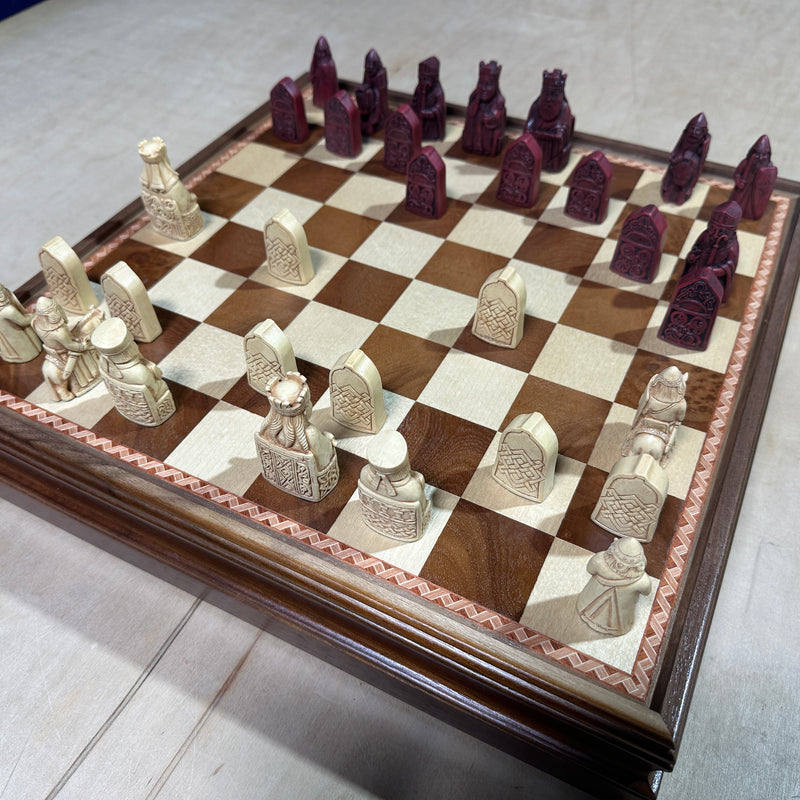 Isle of Lewis Chess Set with 15" Walnut and Maple Chess Board (Chest with Drawer)