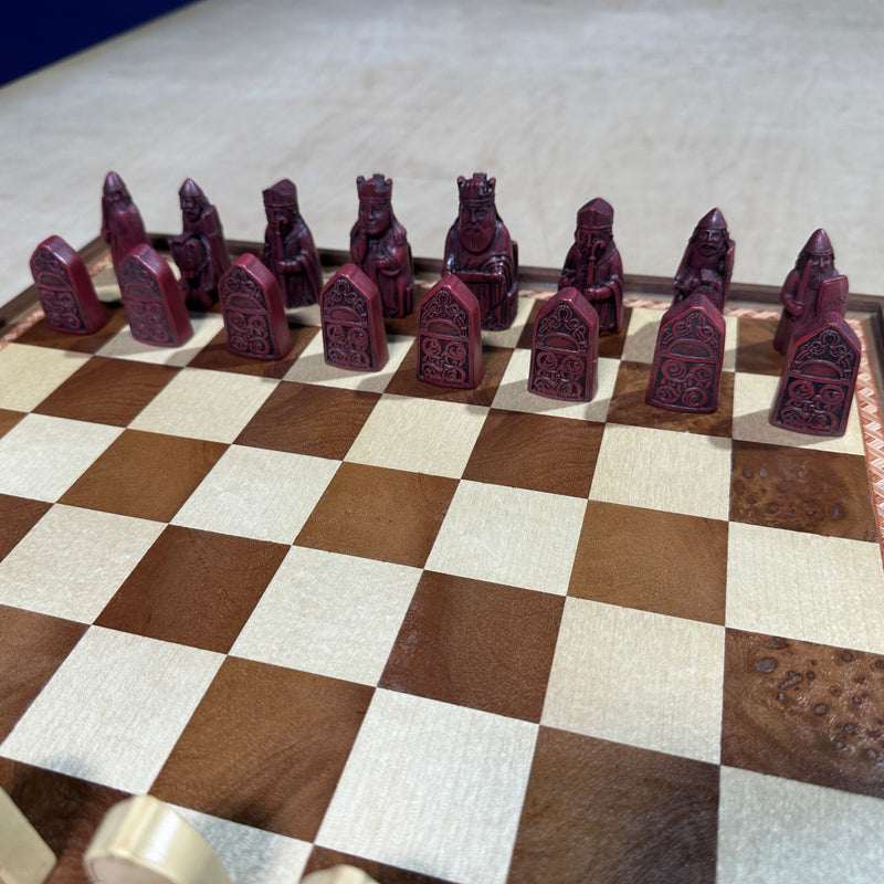 Isle of Lewis Chess Set with 15" Walnut and Maple Chess Board (Chest with Drawer)