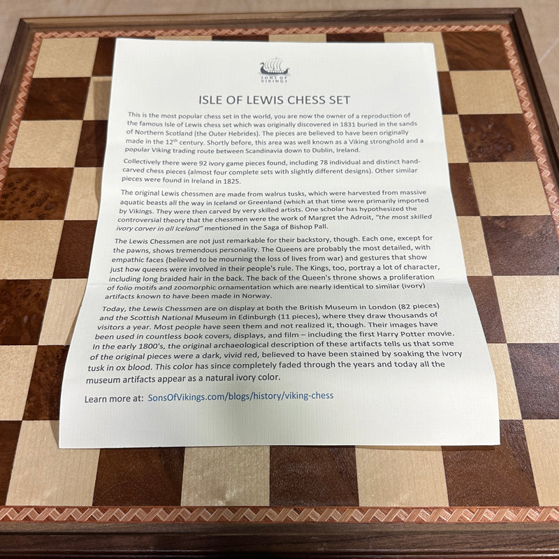 Isle of Lewis Chess Set with 15" Walnut and Maple Chess Board (Chest with Drawer)