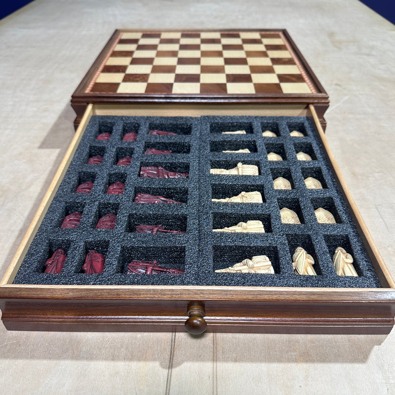 Isle of Lewis Chess Set with 15" Walnut and Maple Chess Board (Chest with Drawer)