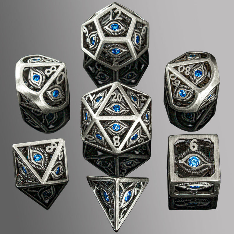 Hollow Metal Dice Set - Silver W/ Aqua Blue Gems