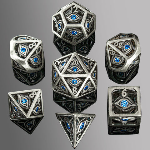 Hollow Metal Dice Set - Silver W/ Aqua Blue Gems