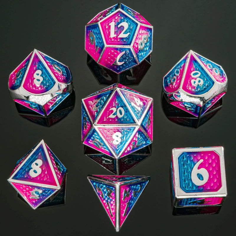 Behemoth Metal Dice Set - Silver W/ Pink & Blue