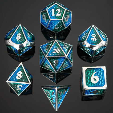 Behemoth Metal Dice Set - Silver W/ Green & Blue