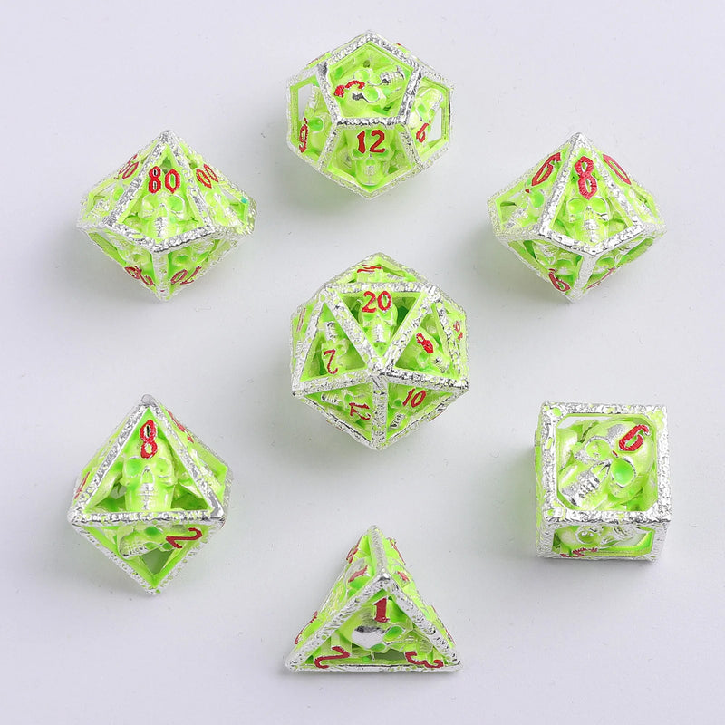 Skull's Grin Hollow Metal Dice Set - Glow in the Dark Green