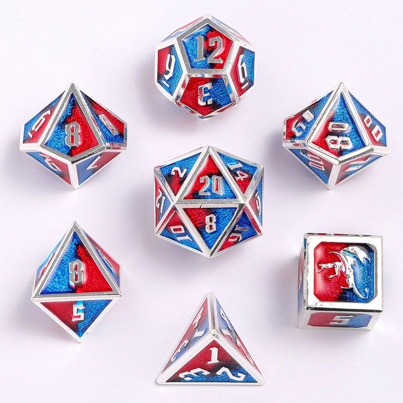 Draconis Metal Dice Set - Silver W/ Red & Blue