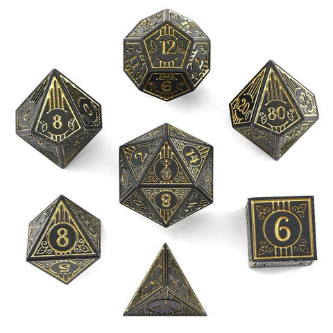 Solid Metal Bard Rpg Dice Set - Matt Black W/Gold