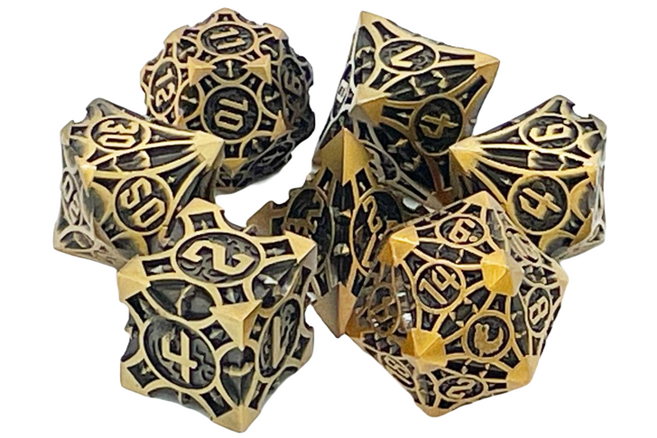 OSDMTL-135 Old School 7 Piece DnD RPG Metal Dice Set: Gnome Forged - Ancient Gold