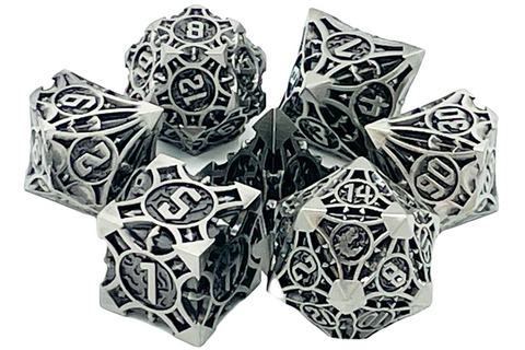 OSDMTL-136 Old School 7 Piece DnD RPG Metal Dice Set: Gnome Forged - Ancient Silver