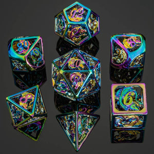 Hollow Dragon Polyhedral Dice Set Filled with Gems - Rainbow