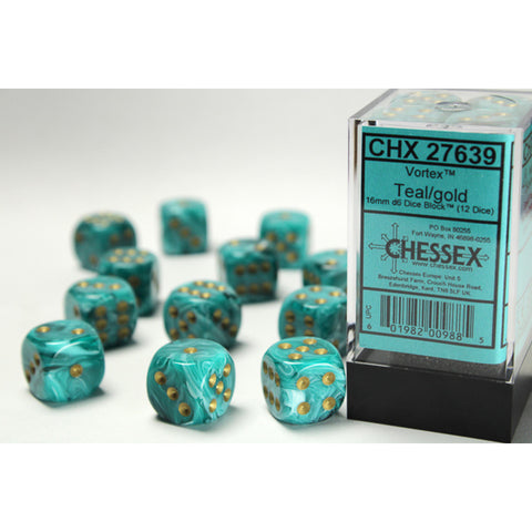 CHX 27639 Vortex Teal / Gold 16mm d6 Dice Block (12 Dice)
